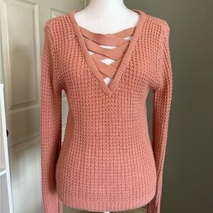 Cross Cross, V neck, cleavage, pink / mauve sweater